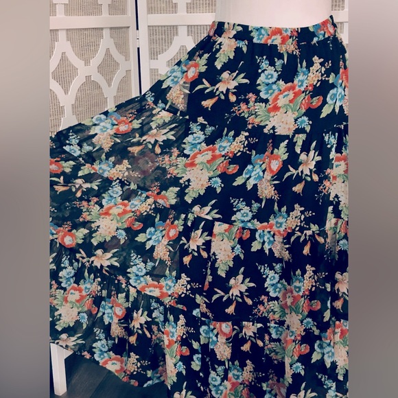 Linea by Louis Dell'Olio Dresses & Skirts - Gorgeous Floral Midi Tiered Linea Skirt Blue Black Boho Small vintage Sheer Maxi